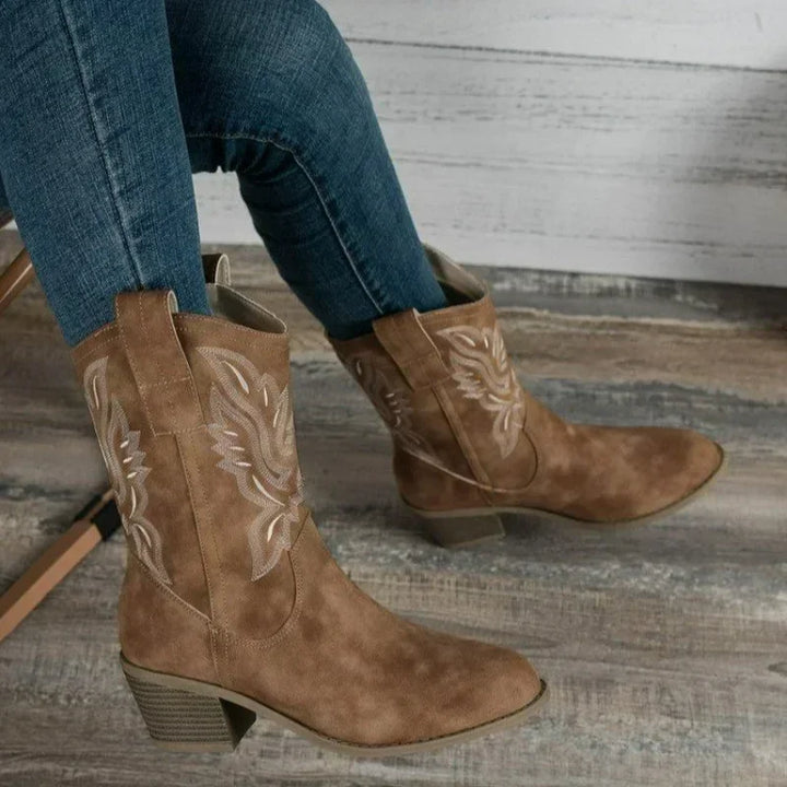 Damen-Cowboystiefel mit Stickerei und niedrigem Absatz