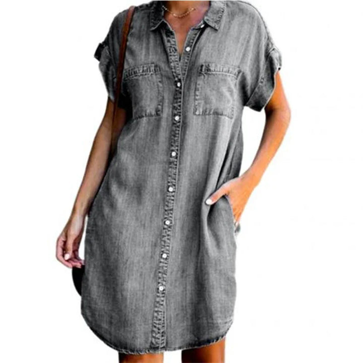 Damen Denim Kleid mit kurzen Ärmeln und Taschen