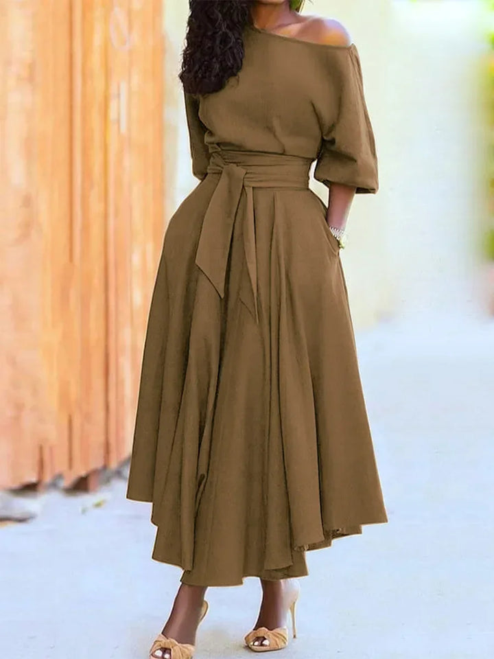 Damen-Elegantes Midikleid mit asymmetrischem Ausschnitt und Taillengürtel