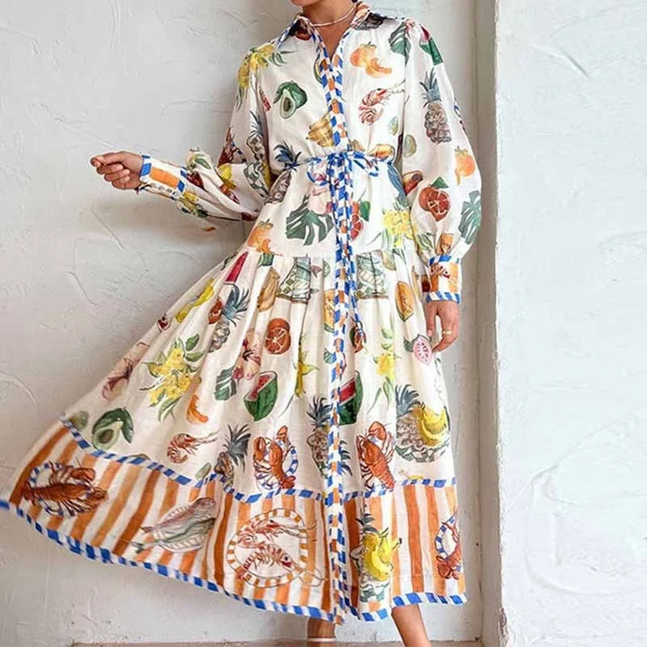 Langes Hemdblusenkleid mit buntem Print und Taillengürtel