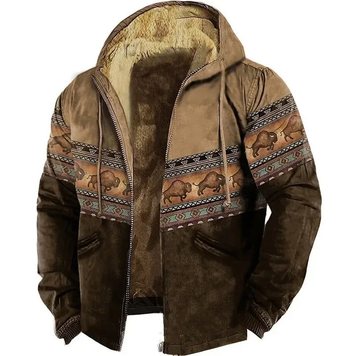 Herren-Winterjacke mit Fellfutter und ethnischem Muster