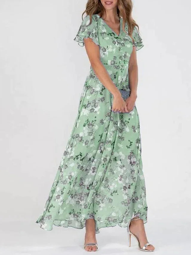 Geblümtes Maxikleid aus Chiffon mit V-Ausschnitt und kurzem Ärmel