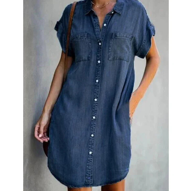 Damen Denim Kleid mit kurzen Ärmeln und Taschen