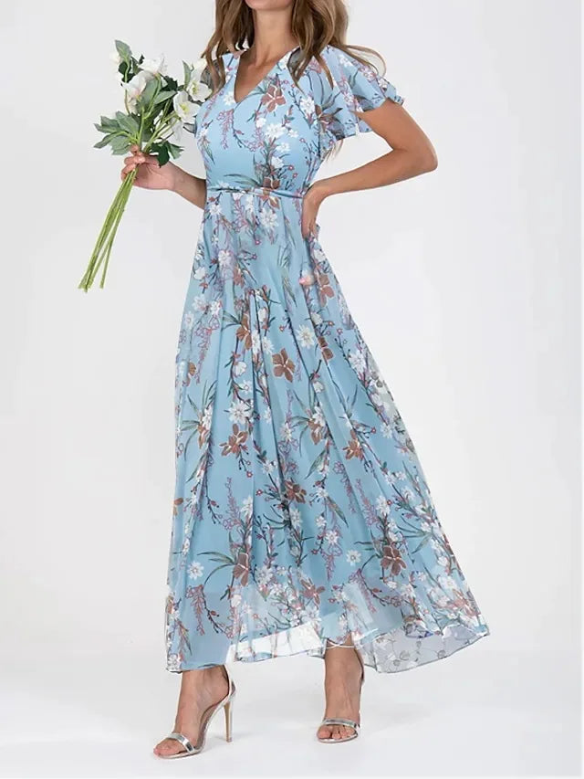 Geblümtes Maxikleid aus Chiffon mit V-Ausschnitt und kurzem Ärmel
