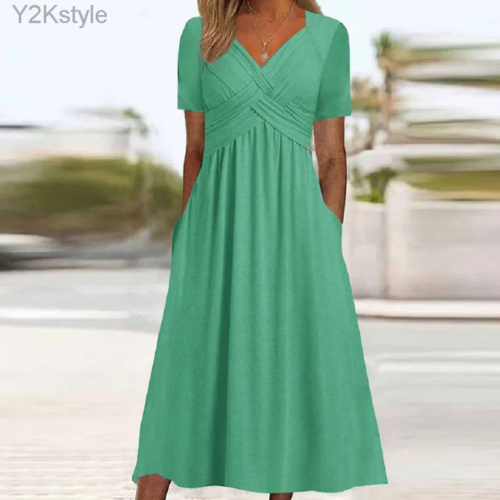 Elegantes Midikleid mit kurzen Ärmeln und Taschen