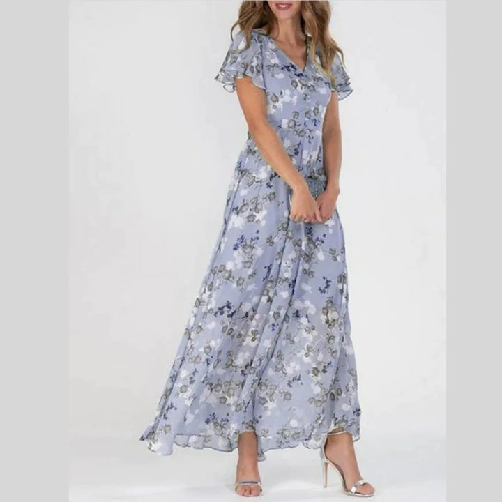 Geblümtes Maxikleid aus Chiffon mit V-Ausschnitt und kurzem Ärmel