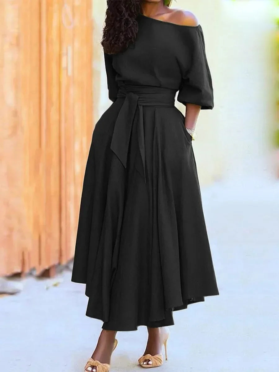 Damen-Elegantes Midikleid mit asymmetrischem Ausschnitt und Taillengürtel