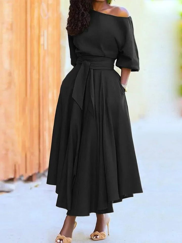 Damen-Elegantes Midikleid mit asymmetrischem Ausschnitt und Taillengürtel
