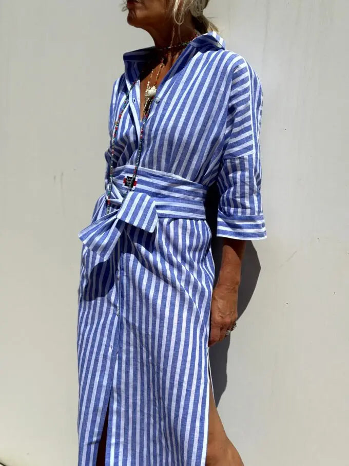 Gestreiftes Hemdblusenkleid für Damen – Sommerleicht & Seitenschlitze