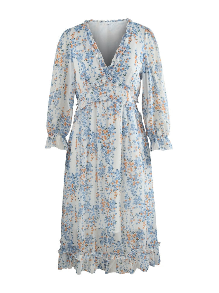 Luftiges Midikleid mit V-Ausschnitt und dezentem Blumenmuster