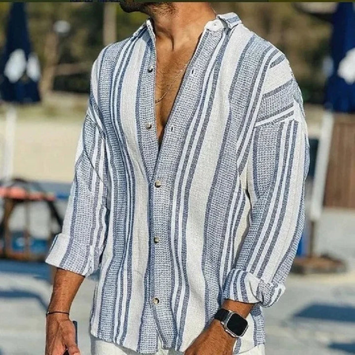 Herren Sommerhemd mit Streifen & V-Ausschnitt – Langarm & luftig