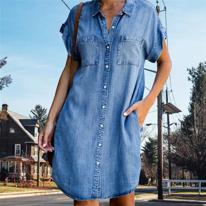 Damen Denim Kleid mit kurzen Ärmeln und Taschen