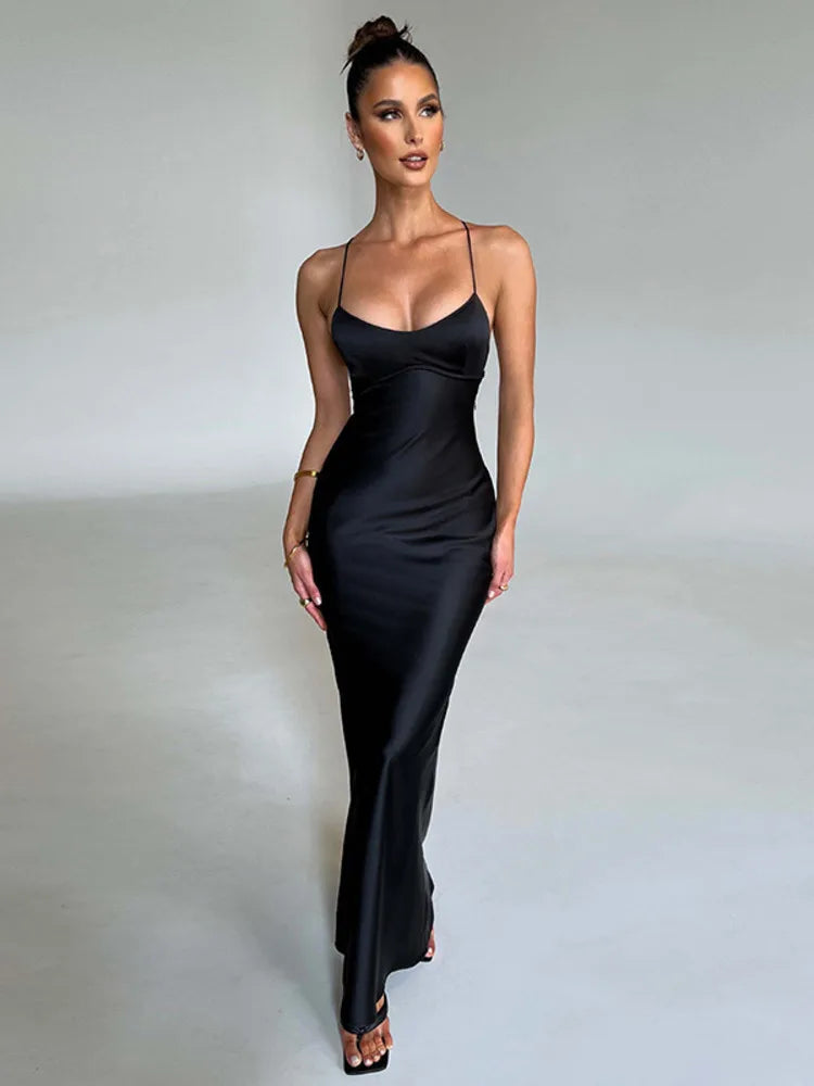 Damen Satin Maxikleid mit schmalen Trägern