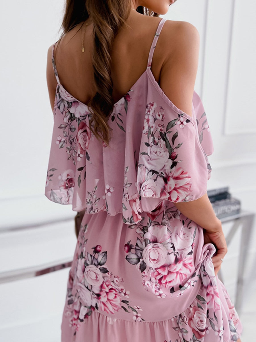 Blumenkleid mit offenen Schultern und Rüschen