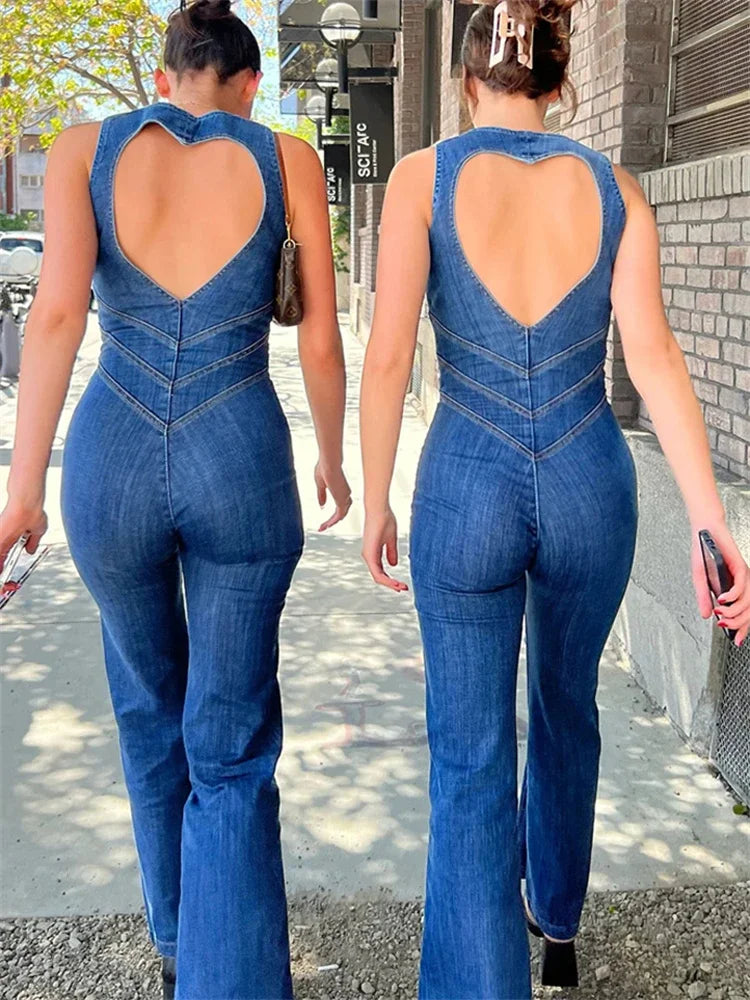 Ärmelloser Damen-Jeans-Jumpsuit mit Knopfleiste und Schlaghose