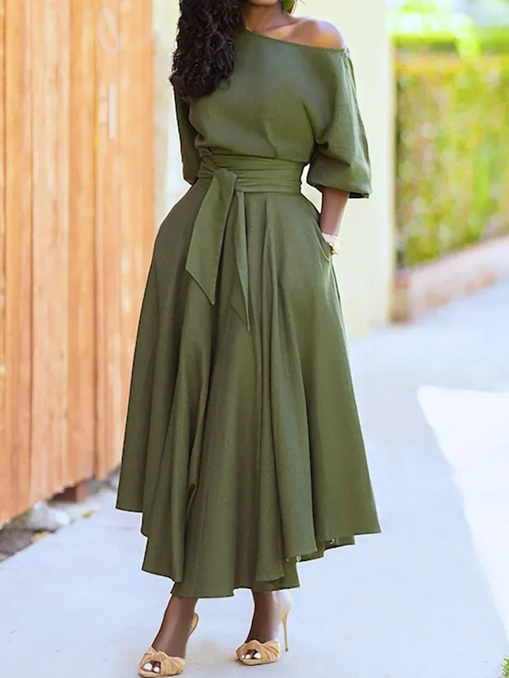 Damen-Elegantes Midikleid mit asymmetrischem Ausschnitt und Taillengürtel