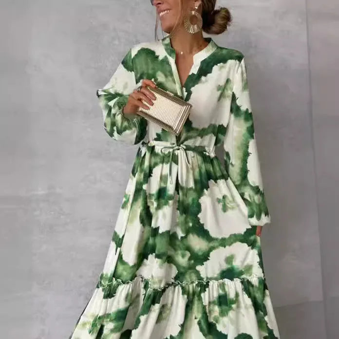 Maxikleid mit Bindegürtel und Tie-Dye-Muster aus leichter Viskose