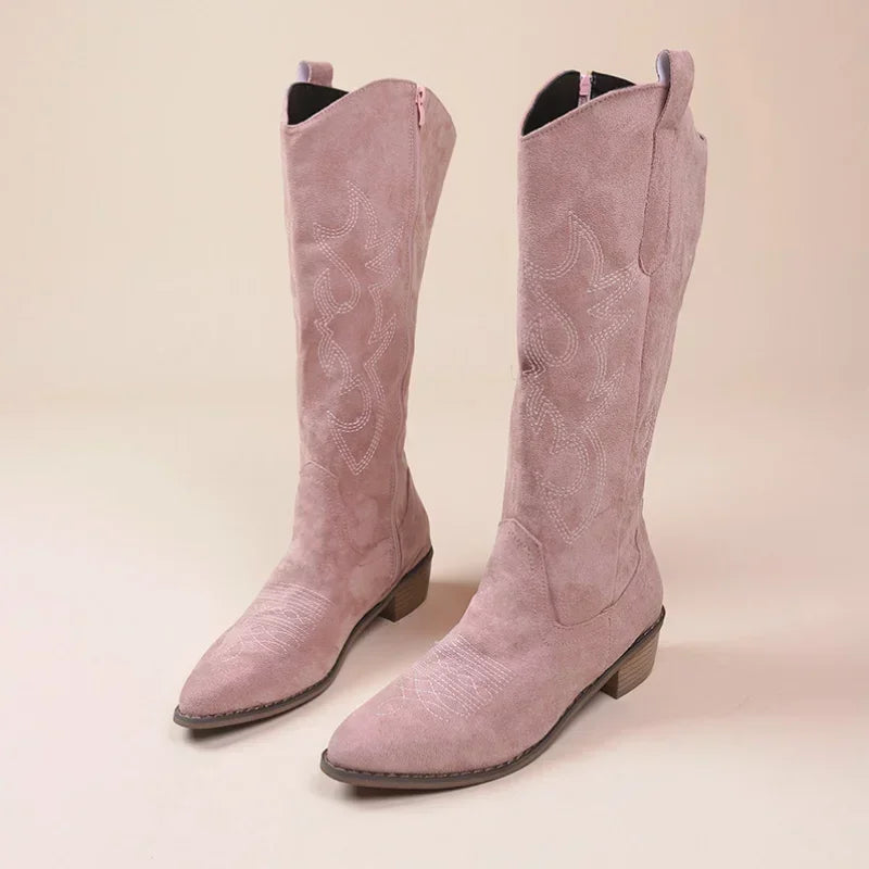 Hohe Damen-Cowboystiefel mit Wildlederbesatz und Stickerei