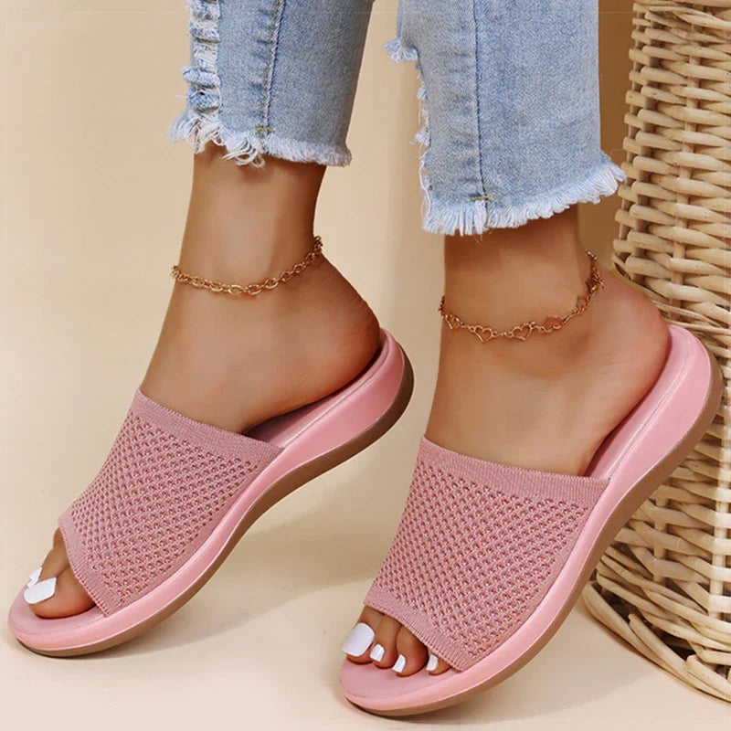 Damen Orthopädische Sommer-Pantoletten mit weicher Sohle & Textilriemen