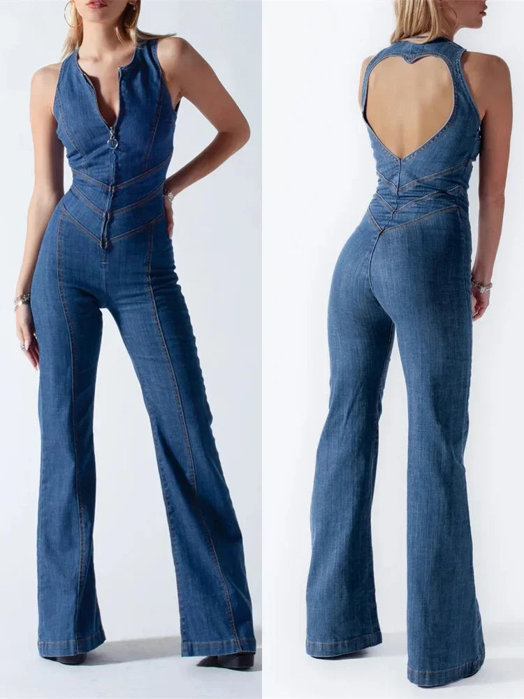 Ärmelloser Damen-Jeans-Jumpsuit mit Knopfleiste und Schlaghose