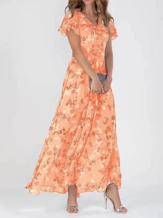Geblümtes Maxikleid aus Chiffon mit V-Ausschnitt und kurzem Ärmel