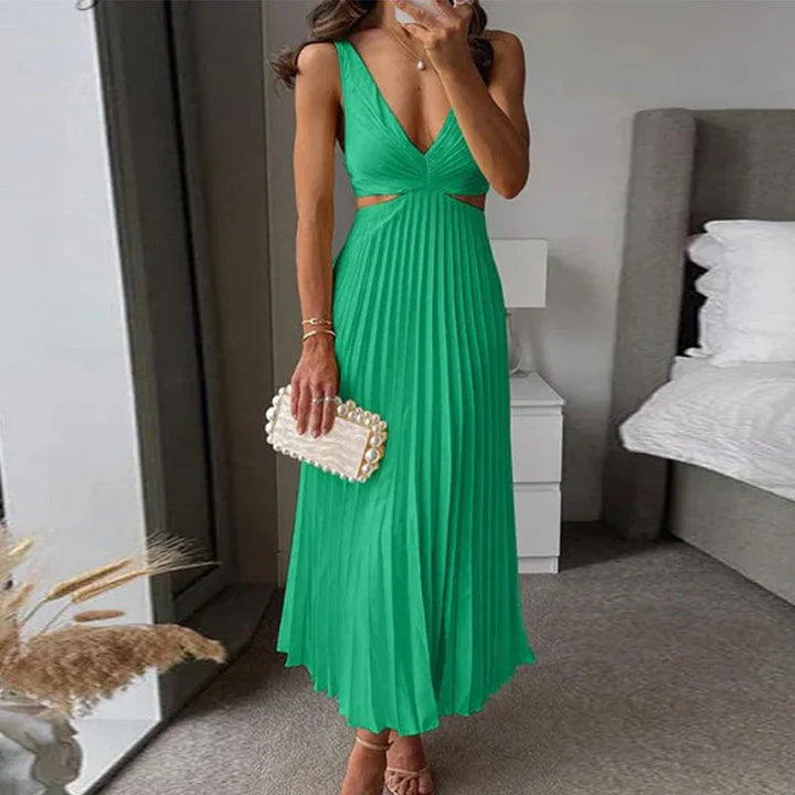 Plissiertes Midikleid mit Wickelausschnitt und schulterfreiem Design