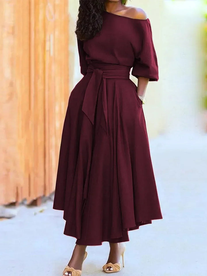 Damen-Elegantes Midikleid mit asymmetrischem Ausschnitt und Taillengürtel