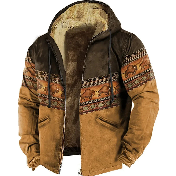 Herren-Winterjacke mit Fellfutter und ethnischem Muster