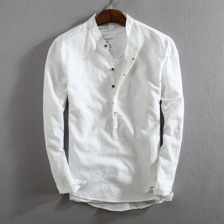 Langärmeliges Leinenhemd für Herren mit Henley-Ausschnitt