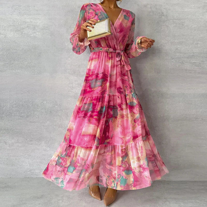 Geblümtes Maxikleid mit V-Ausschnitt und Bindegürtel aus Chiffon