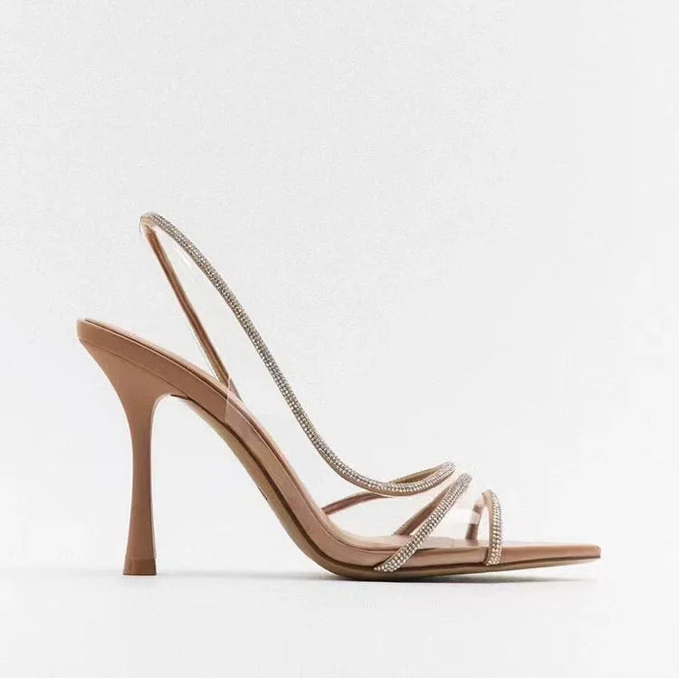 Elegante Damen-Sandalen mit Absatz und Kristall-Streifen