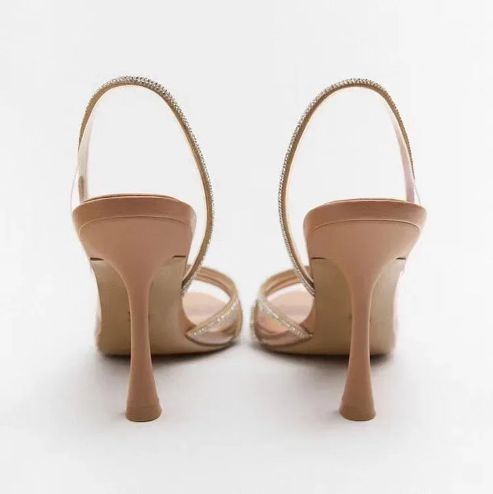Elegante Damen-Sandalen mit Absatz und Kristall-Streifen