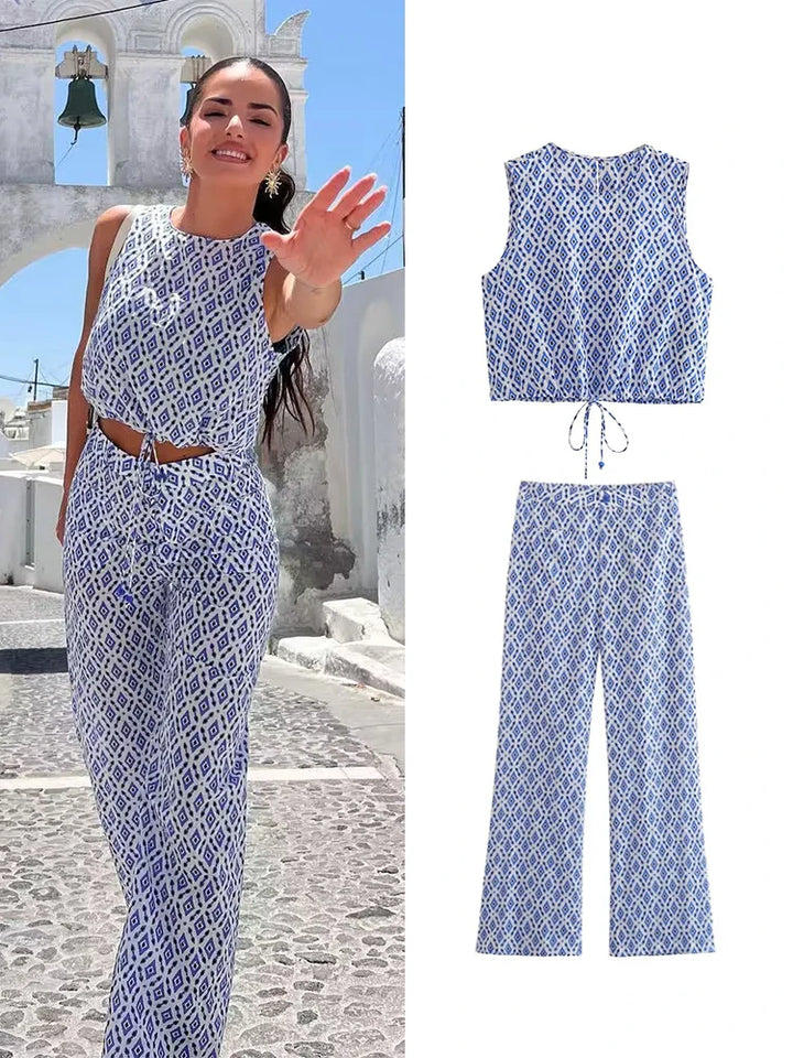 Modisches Damen-Set mit gemustertem Oberteil und Hose