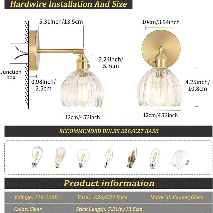 Retro-Wandleuchte mit Tulpenförmigem Glasschirm und Goldenem Finish