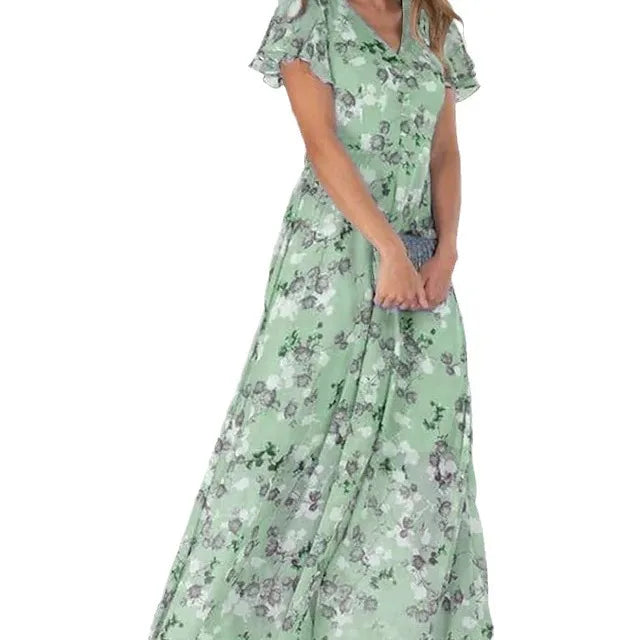 Geblümtes Maxikleid aus Chiffon mit V-Ausschnitt und kurzem Ärmel
