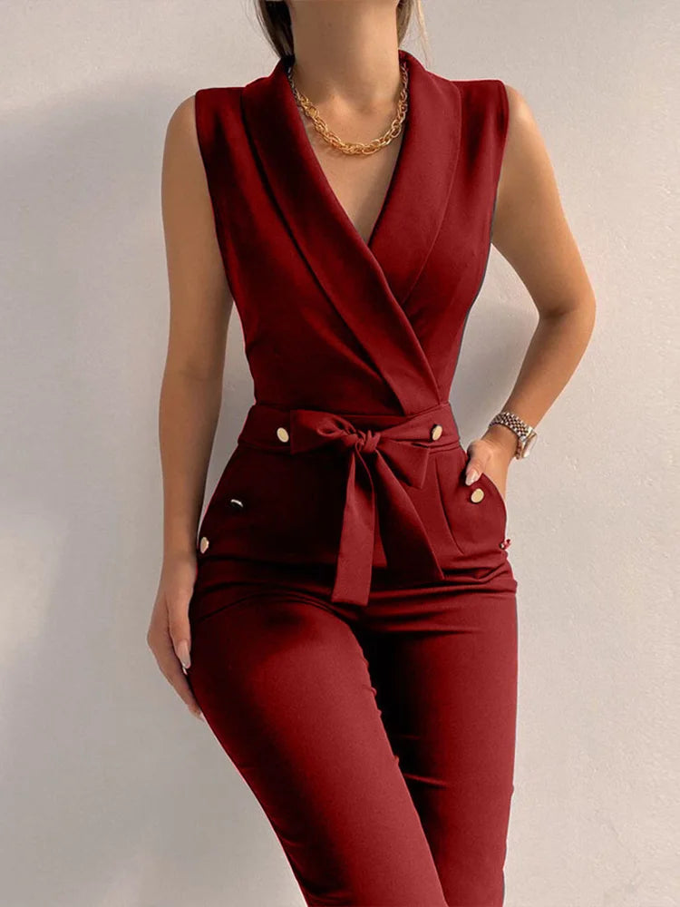 Damen-Eleganter ärmelloser Jumpsuit mit Wickelausschnitt