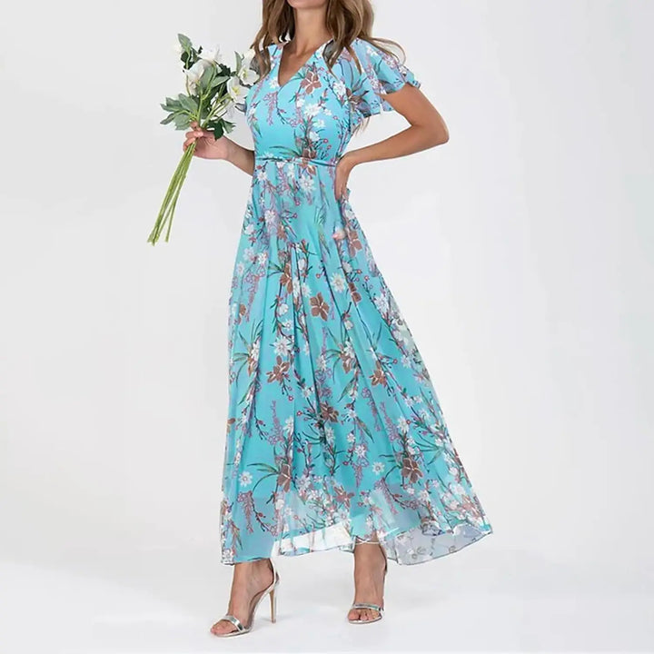 Geblümtes Maxikleid aus Chiffon mit V-Ausschnitt und kurzem Ärmel