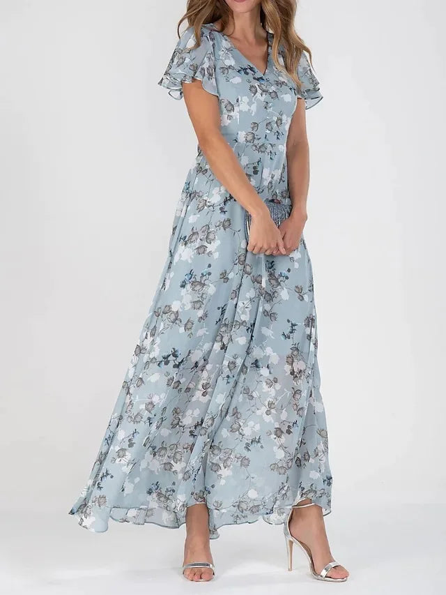 Geblümtes Maxikleid aus Chiffon mit V-Ausschnitt und kurzem Ärmel