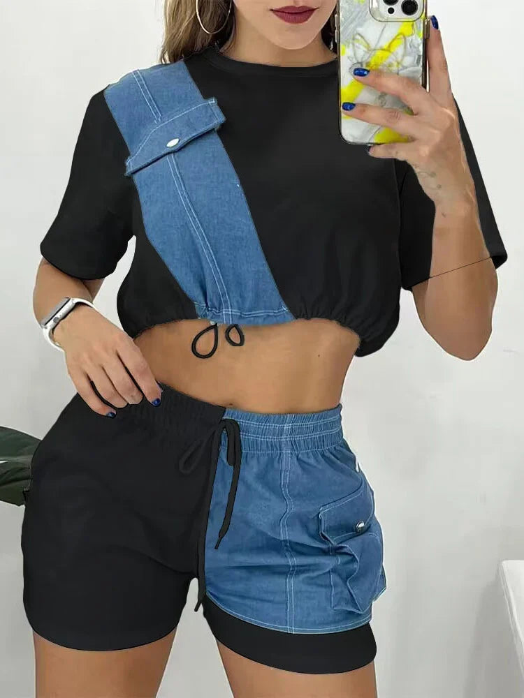 Damen-Sport-Short-Set mit Denim-Akzenten