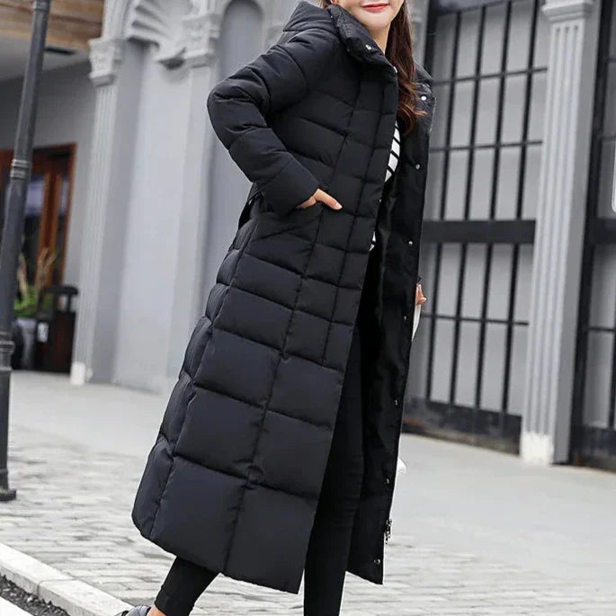 Damen-Lange Daunenjacke mit Fellbesatz und Gürtel