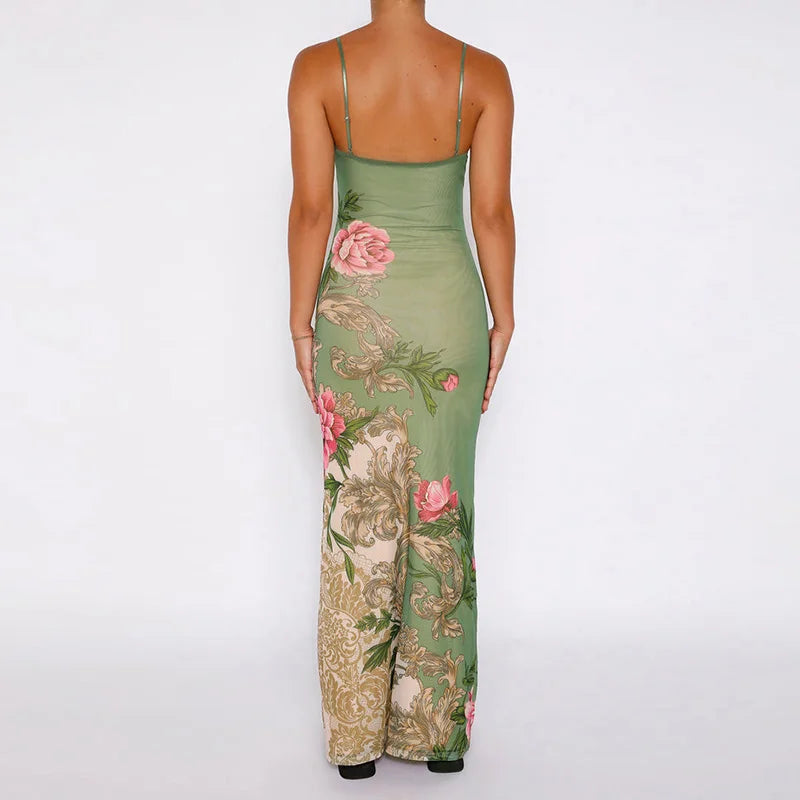 Damen Maxikleid mit Blumenmuster und schmalen Trägern