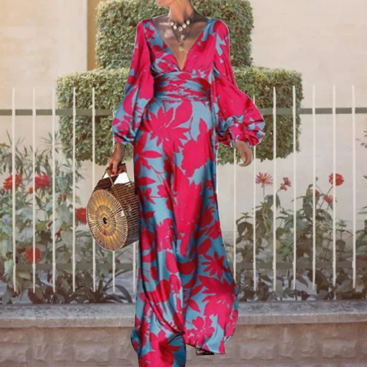 Maxikleid mit tiefem V-Ausschnitt und Puffärmeln