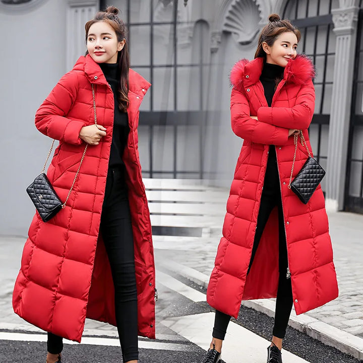 Damen-Lange Daunenjacke mit Fellbesatz und Gürtel