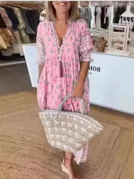 Boho Maxikleid mit V-Ausschnitt und weitem Schnitt