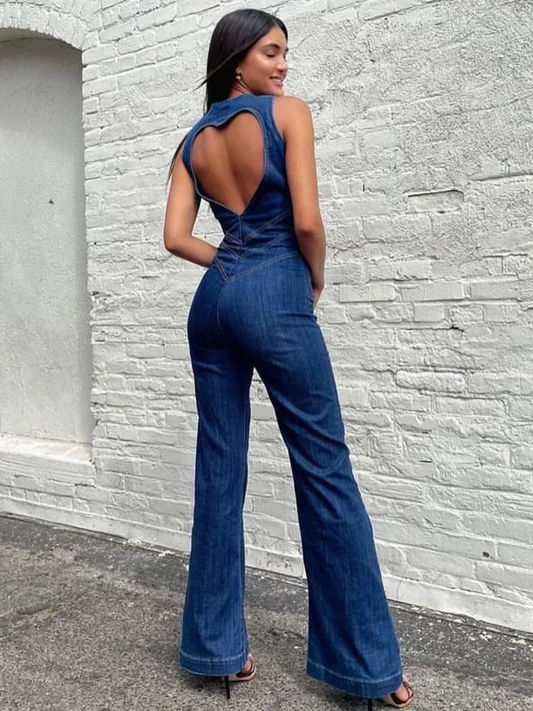 Ärmelloser Damen-Jeans-Jumpsuit mit Knopfleiste und Schlaghose