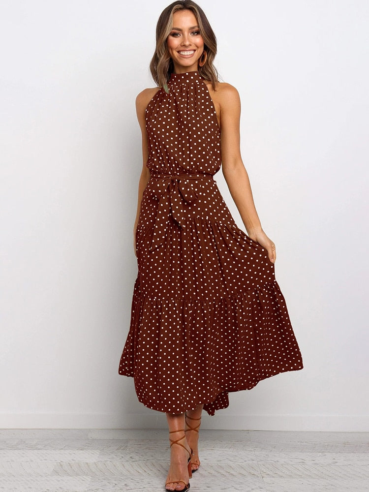 Elegantes Midikleid mit Erbsendruck und Krawatte im Nacken