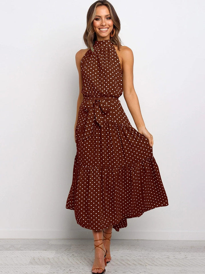 Elegantes Midikleid mit Erbsendruck und Krawatte im Nacken