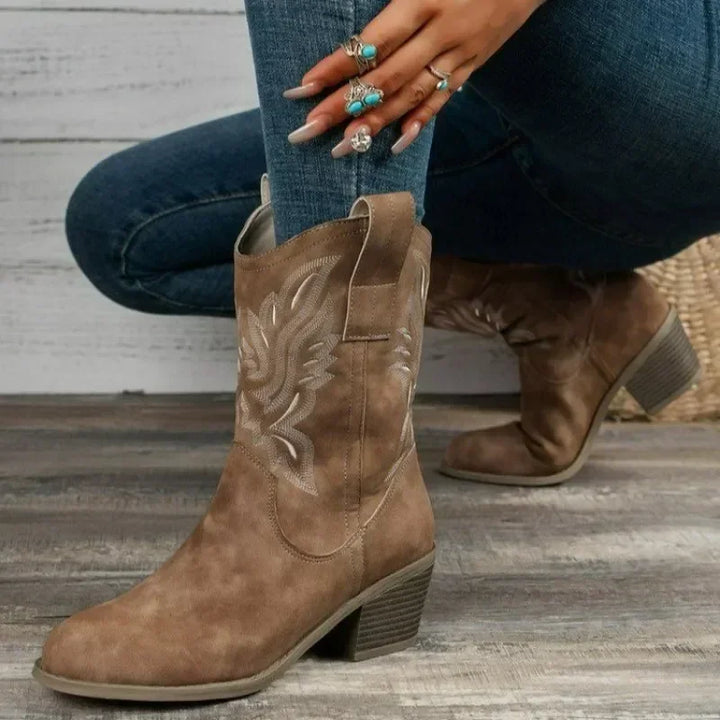 Damen-Cowboystiefel mit Stickerei und niedrigem Absatz