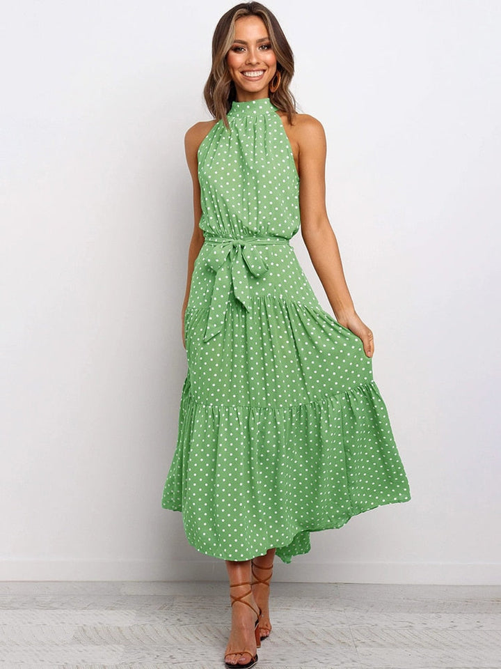Elegantes Midikleid mit Erbsendruck und Krawatte im Nacken