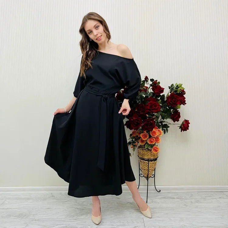 Damen-Elegantes Midikleid mit asymmetrischem Ausschnitt und Taillengürtel